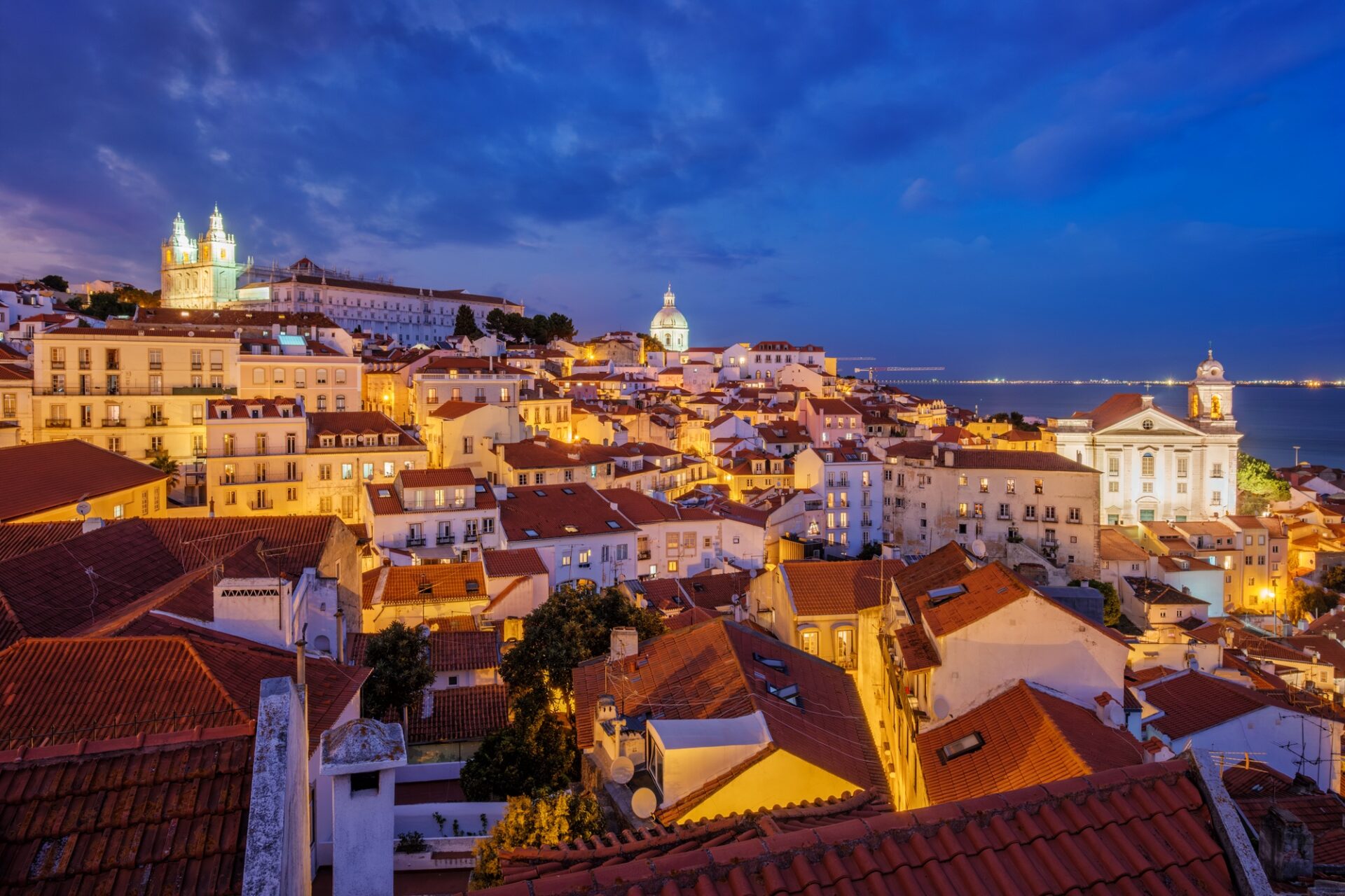 View of Lisbon from Miradouro de Santa Luzia viewpoint at evening. Lisbon, Portugal, Investment Fund,